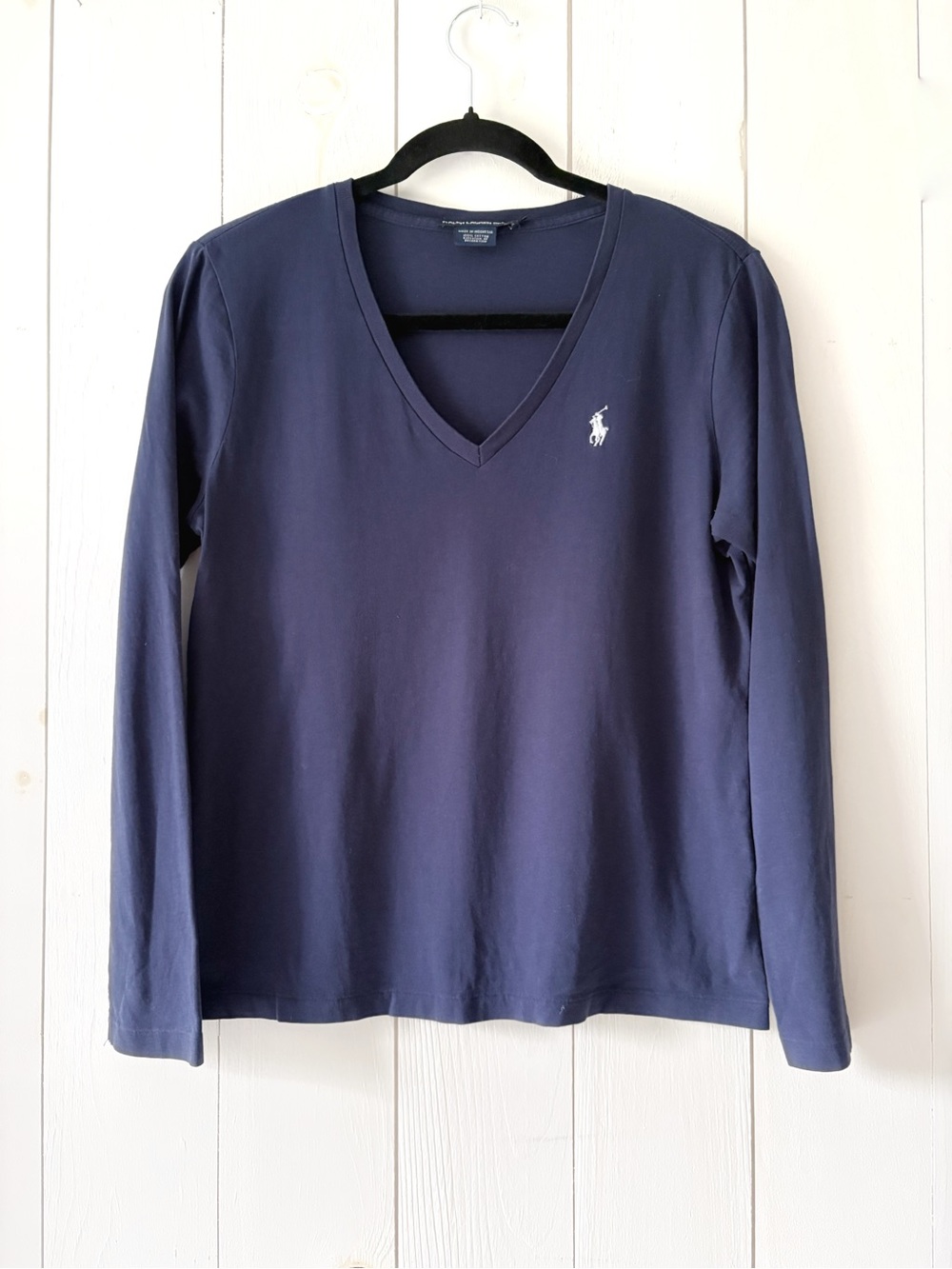 Vintage Ralph Lauren Sports Navy V‑Neck Pony Logo Long Sleeve Cotton Top Size M